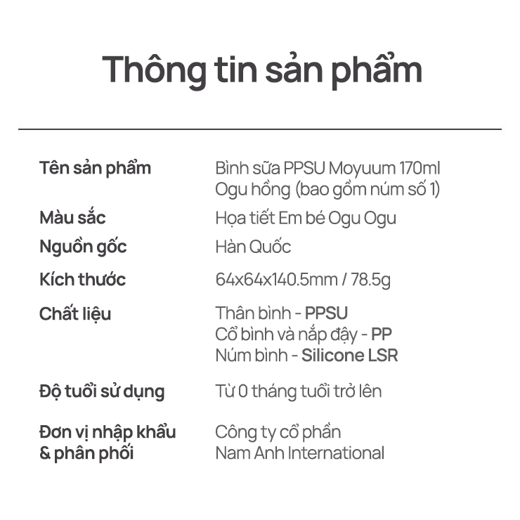 Mô tả Bình sữa PPSU Moyuum - Ogu hồng - 170ml - Kèm núm 1 - 3