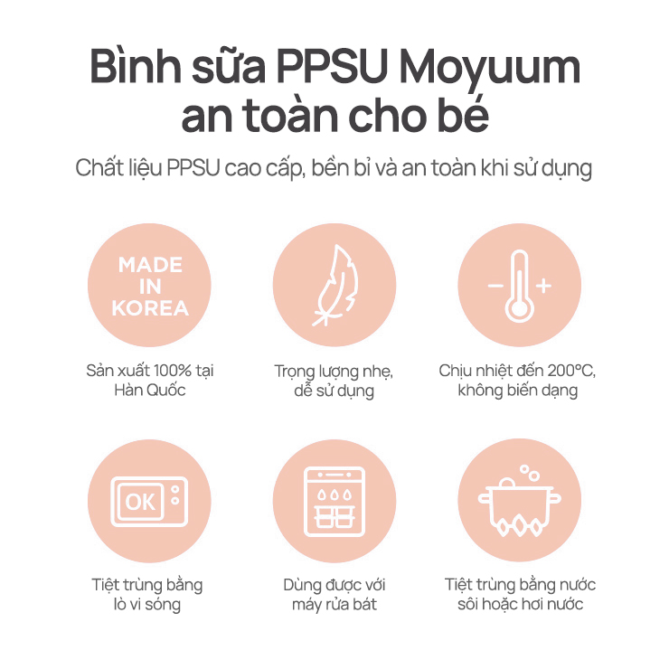Mô tả Bình sữa PPSU Moyuum - Ogu hồng - 170ml - Kèm núm 1 - 5