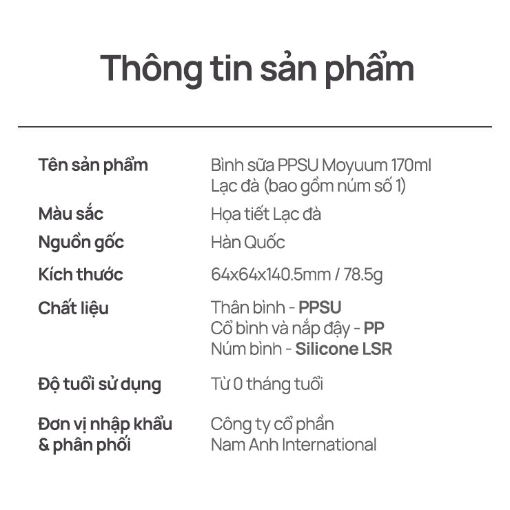 Mô tả Bình sữa PPSU Moyuum - Lạc đà - 170ml - Kèm núm 1 - 3