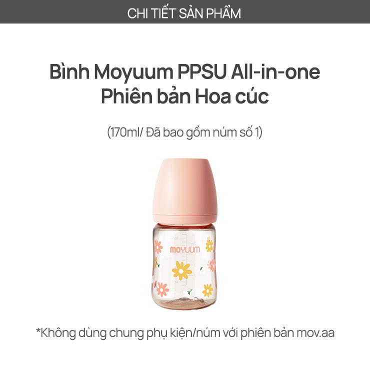 Mô tả Bình sữa PPSU Moyuum - Hoa cúc - 170ml - Kèm núm 1 - 2