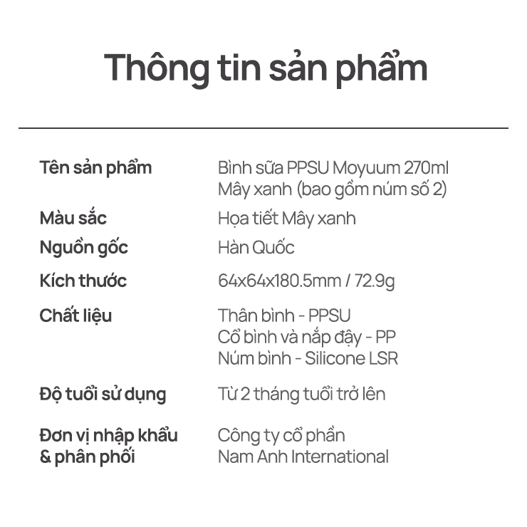 Mô tả Bình sữa PPSU Moyuum - Mây xanh - 270ml - Kèm núm 2 - 3