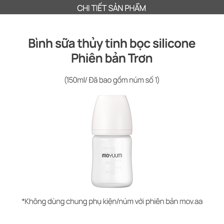 Mô tả Bình sữa Thủy tinh tráng silicon Moyuum - Mẫu trơn - 150ml - Kèm núm 1 - 2