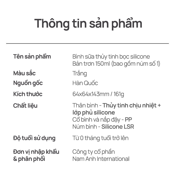 Mô tả Bình sữa Thủy tinh tráng silicon Moyuum - Mẫu trơn - 150ml - Kèm núm 1 - 3