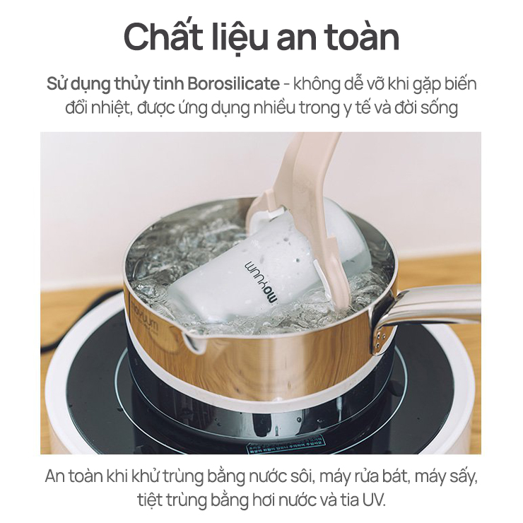 Mô tả Bình sữa Thủy tinh tráng silicon Moyuum - Mẫu trơn - 150ml - Kèm núm 1 - 6