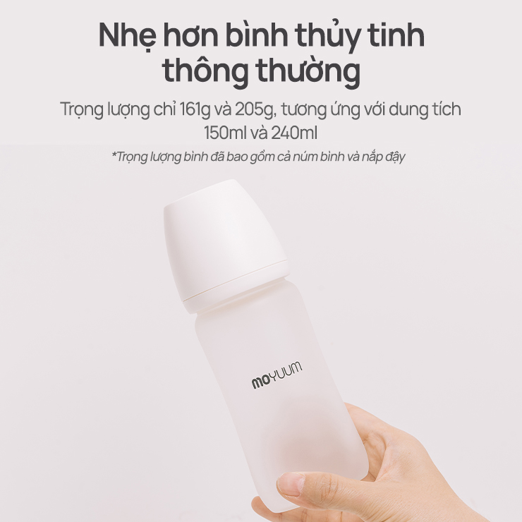 Mô tả Bình sữa Thủy tinh tráng silicon Moyuum - Mẫu trơn - 150ml - Kèm núm 1 - 9