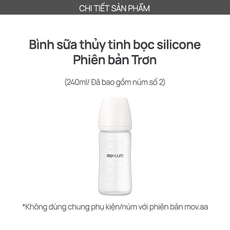 Mô tả Bình sữa Thủy tinh tráng silicon Moyuum - Mẫu trơn - 240ml - Kèm núm 2 - 2