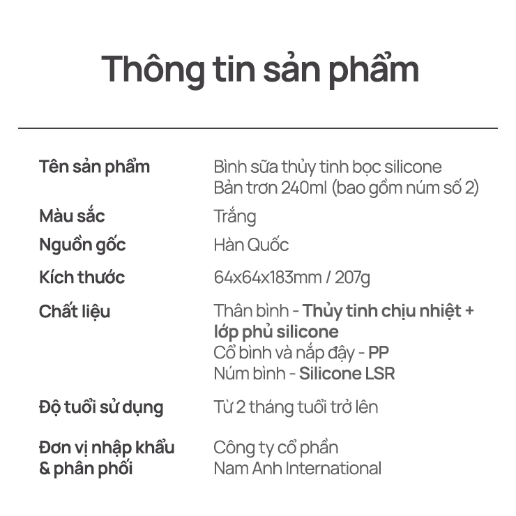 Mô tả Bình sữa Thủy tinh tráng silicon Moyuum - Mẫu trơn - 240ml - Kèm núm 2 - 3