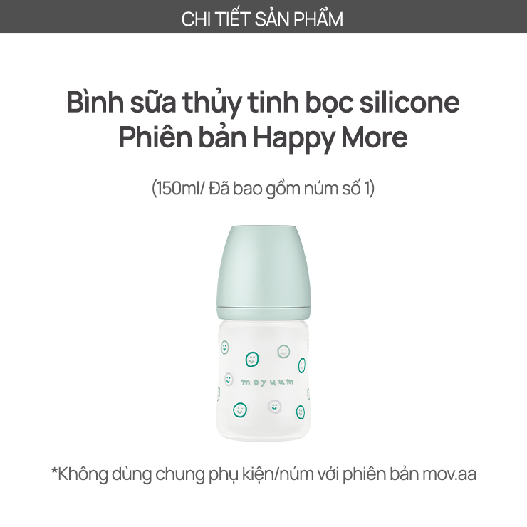 Mô tả Bình sữa Thủy tinh tráng silicon Moyuum - Mẫu xanh - 150ml - Kèm núm 1 - 2