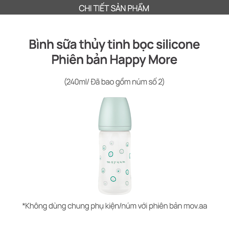 Mô tả Bình sữa Thủy tinh tráng silicon Moyuum - Mẫu xanh - 240ml - Kèm núm 2 - 2