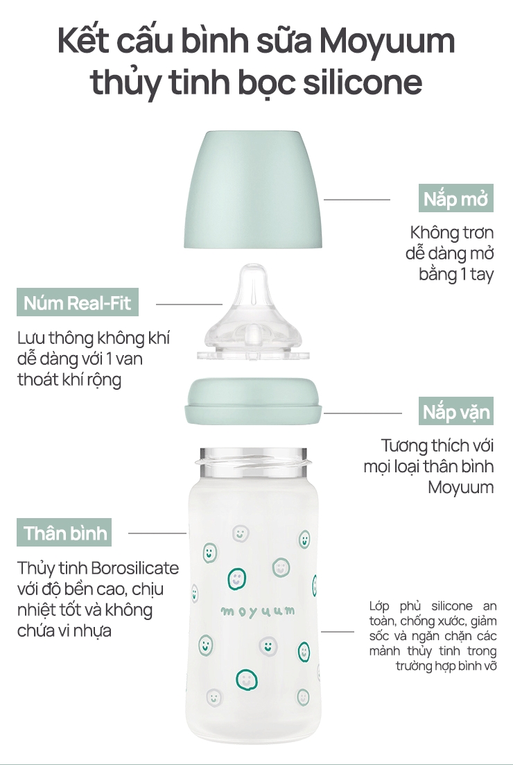 Mô tả Bình sữa Thủy tinh tráng silicon Moyuum - Mẫu xanh - 240ml - Kèm núm 2 - 4