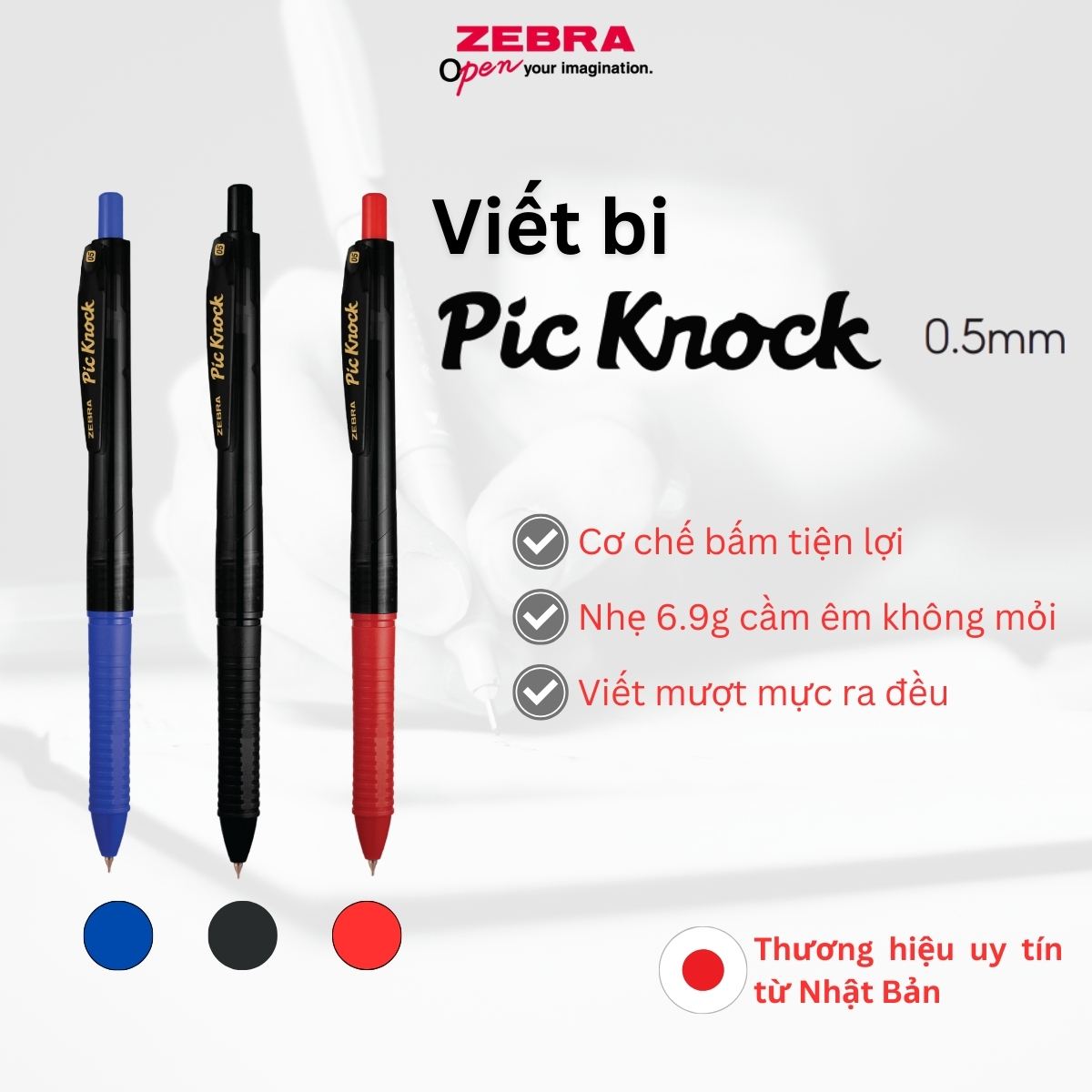 Mô tả Bút Bi Pic Knock 0.5mm Zebra Pen - Bút Bi Đẹp Mực Đều Màu Đen Đỏ Xanh - Viết Mượt Nhẹ 6.9g [Chính Hãng] - 6