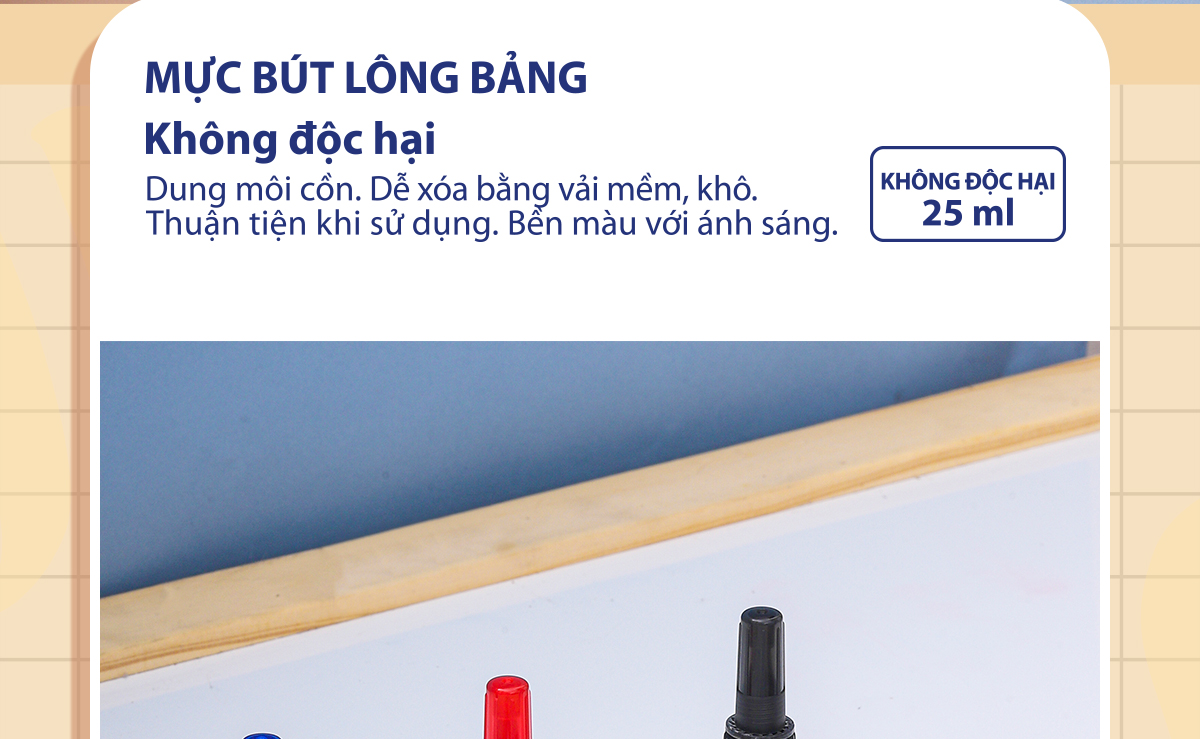 Mô tả Mực bút lông bảng bôi được WBI-01 Thiên Long 3 màu, xanh/đỏ/đen, bơm tiện lợi, mực tươi, khô nhanh, tiêu chuẩn quốc tế - 3