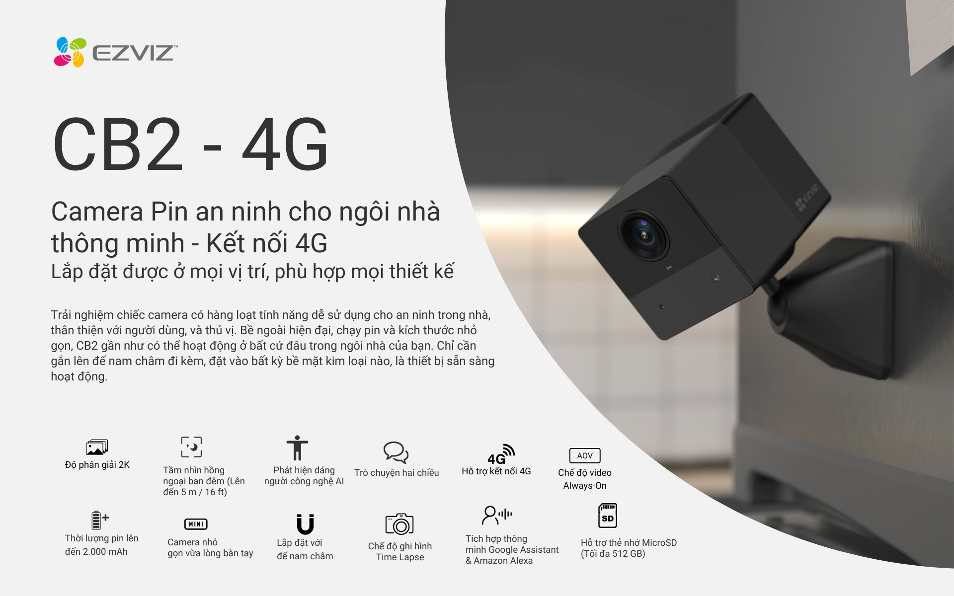 Mô tả Camera Wi-Fi EZVIZ CB2 Sử Dụng Sim 4G, Không Dây Pin Sạc 2000 mAh, Đầu Sạc Type-C - 1