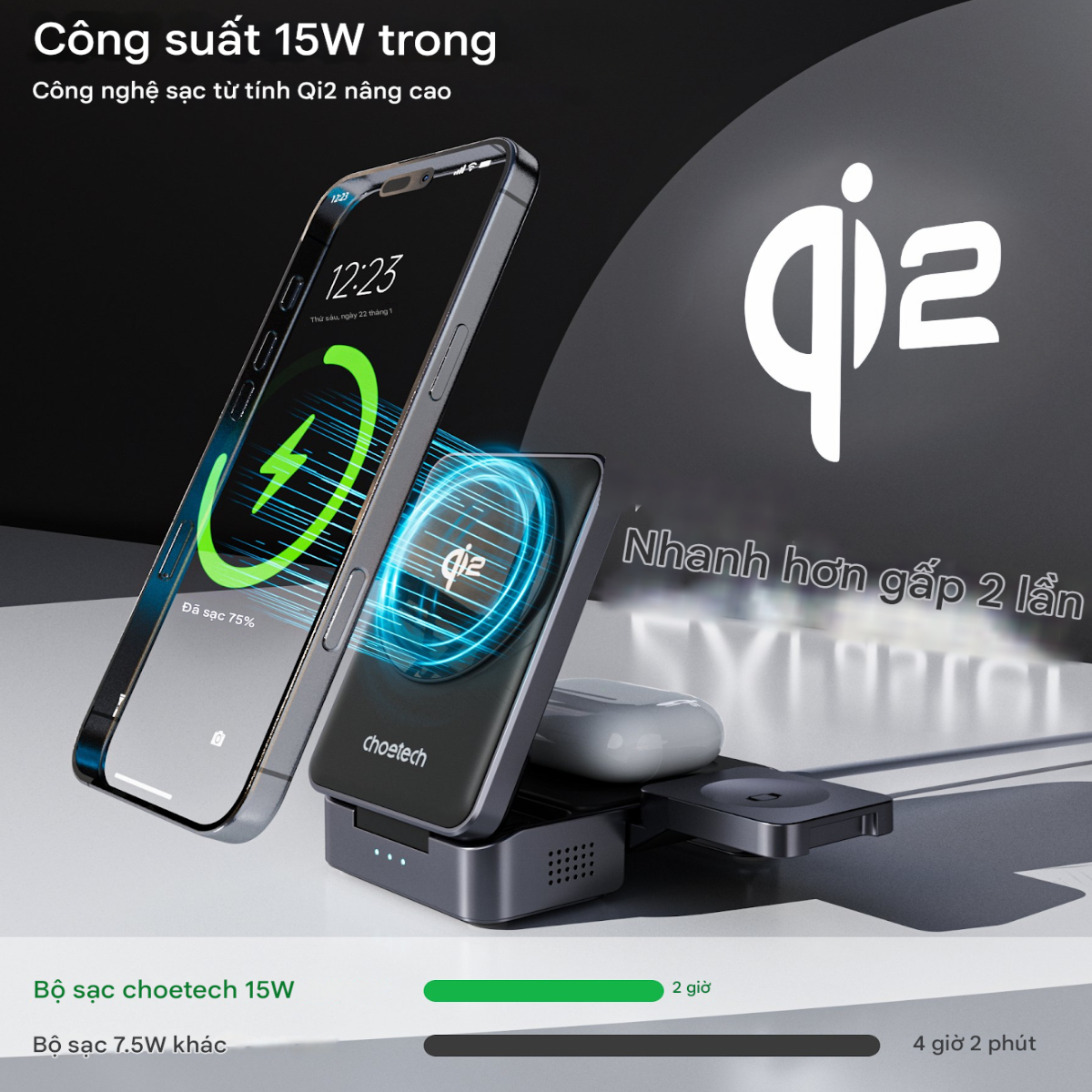 Đế sạc nhanh không dây 3 in 1 15W Choetech T637 chuẩn Qi2 (Hàng chính ...