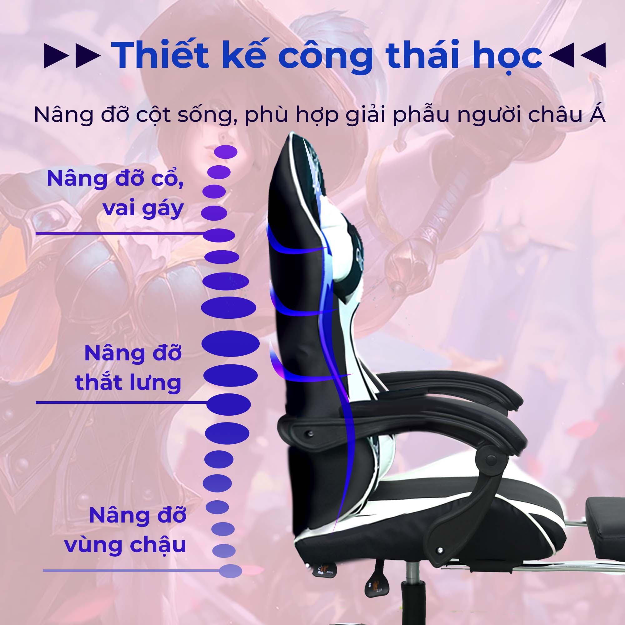 Mô tả Ghế gaming Avogaming công thái học bọc da, chân ghế xoay tựa cổ, đệm lưng nằm ngả gác chân làm việc chơi game - 3