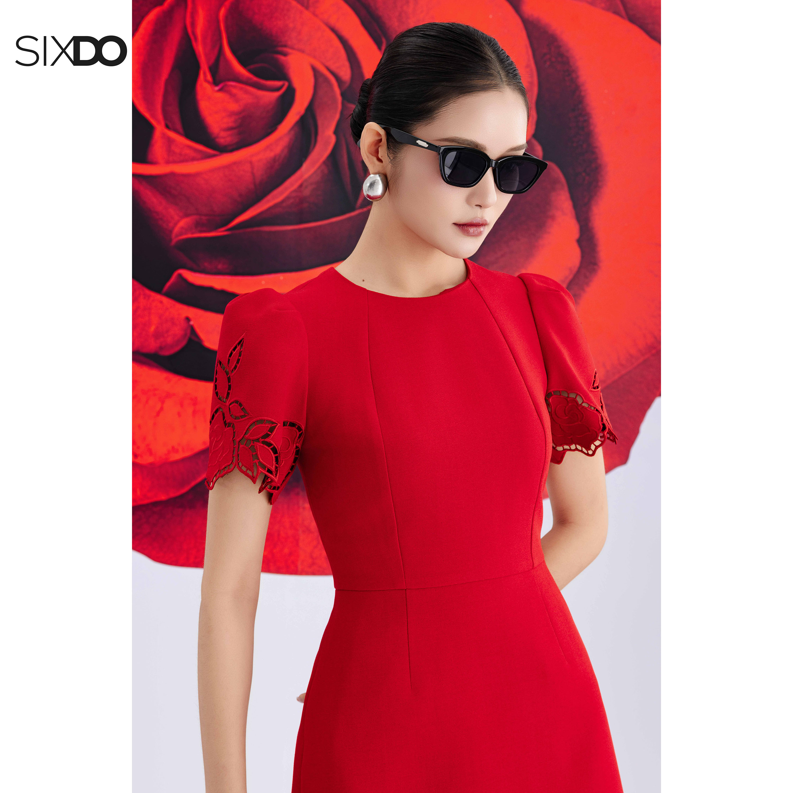 Mô tả Đầm đỏ ngắn tay cổ tròn SIXDO (Red Woven Mini Dress) - 2