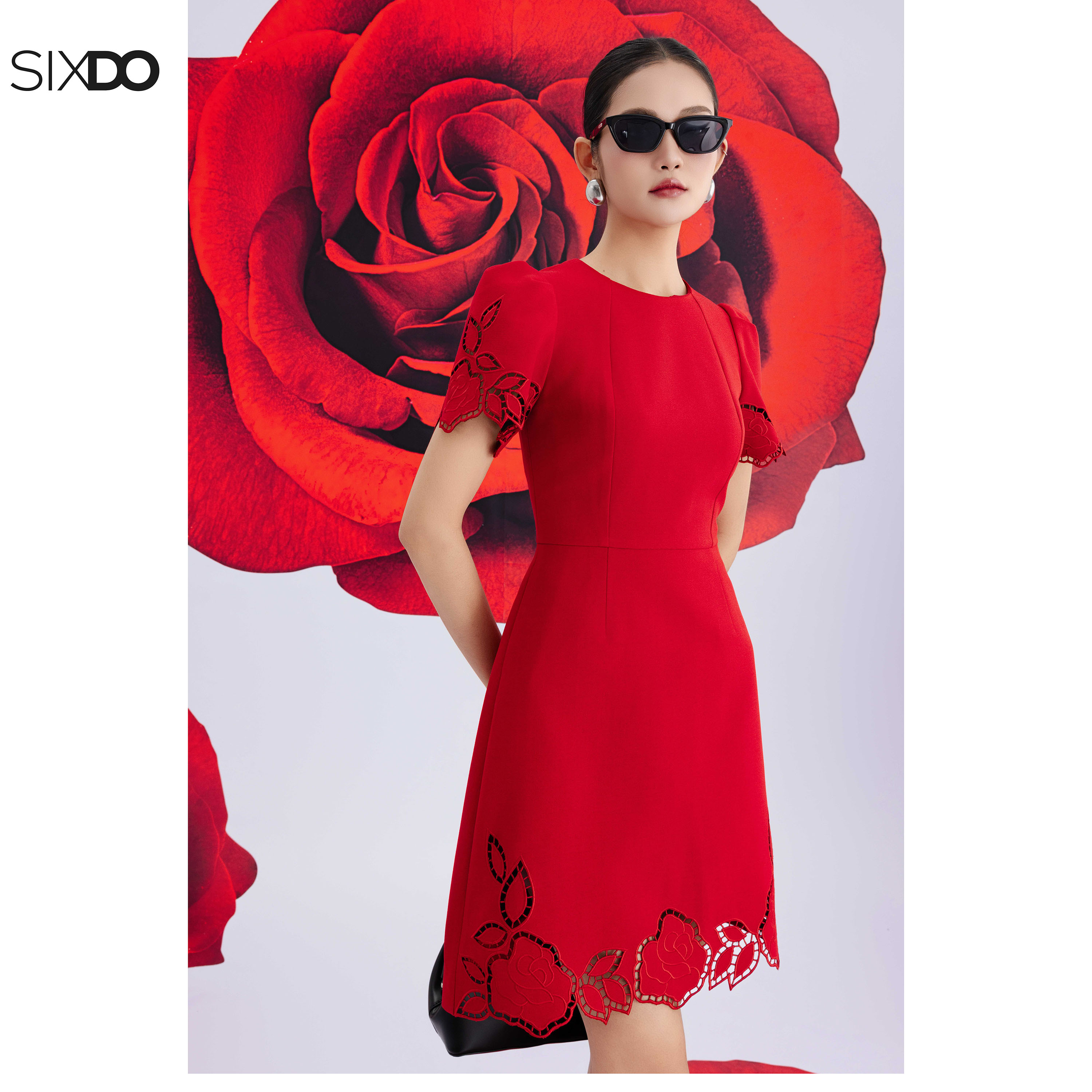 Mô tả Đầm đỏ ngắn tay cổ tròn SIXDO (Red Woven Mini Dress) - 3