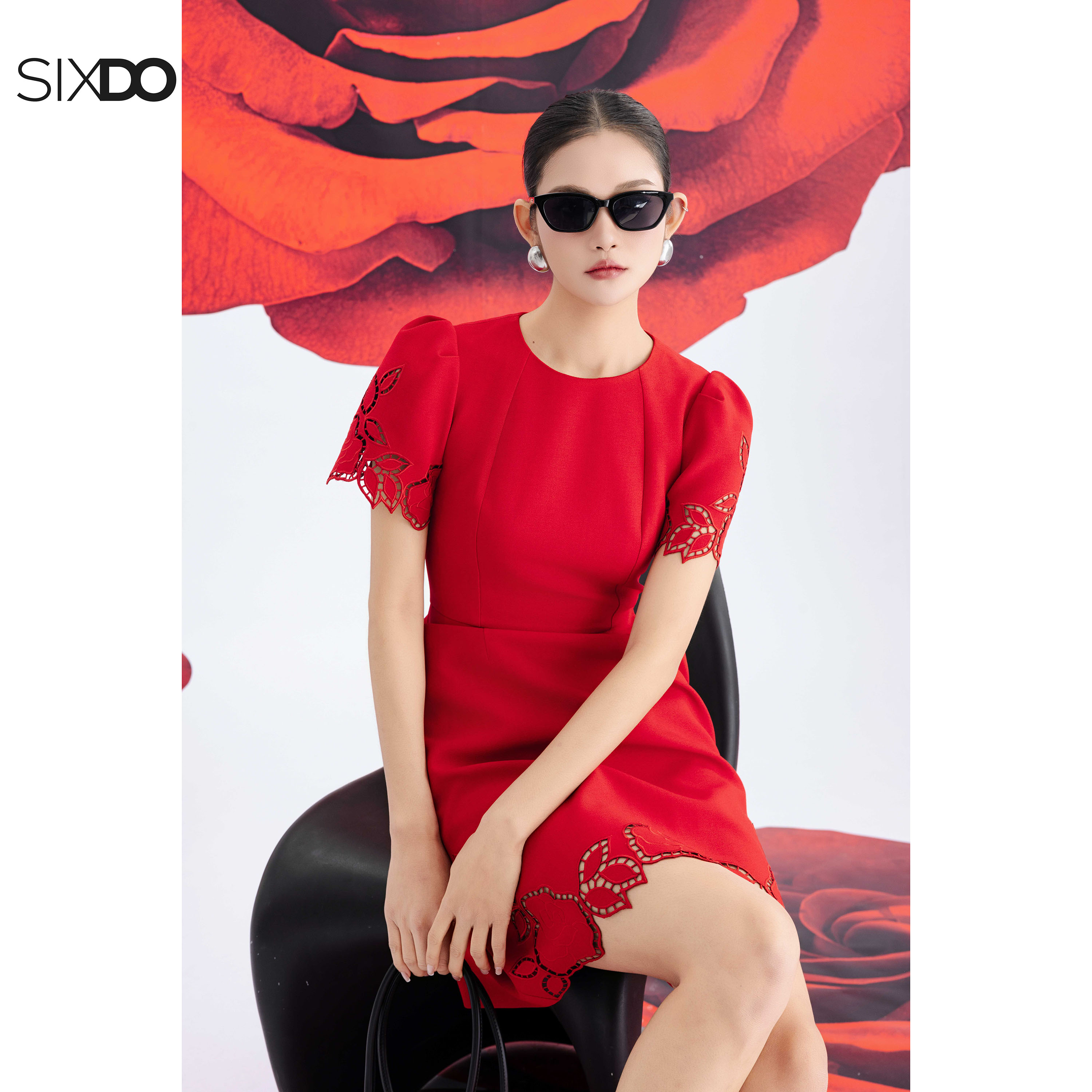 Mô tả Đầm đỏ ngắn tay cổ tròn SIXDO (Red Woven Mini Dress) - 4