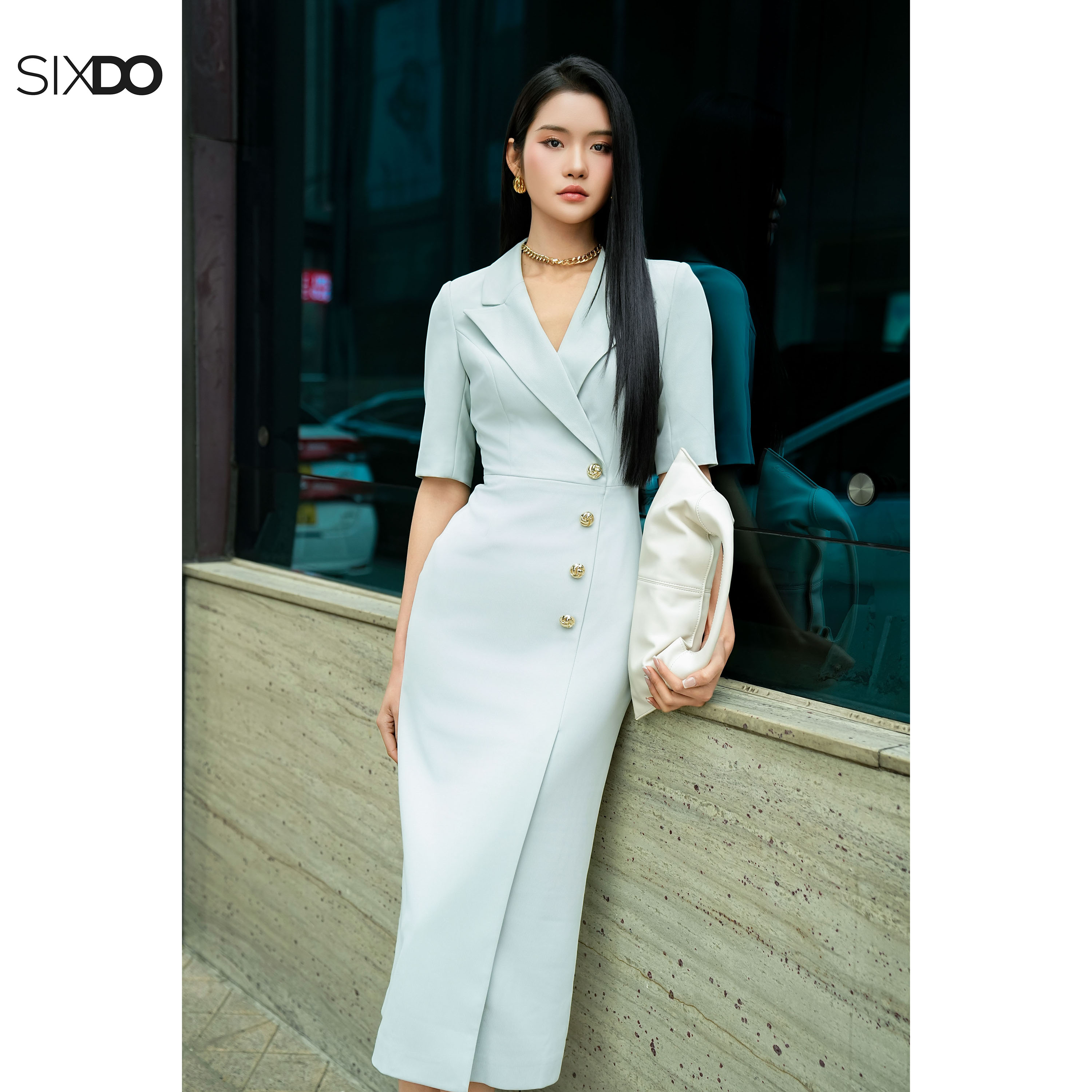 Mô tả Đầm xanh ngọc bút chì tay lỡ SIXDO (Turquoise Woven Pencil Dress) - 1