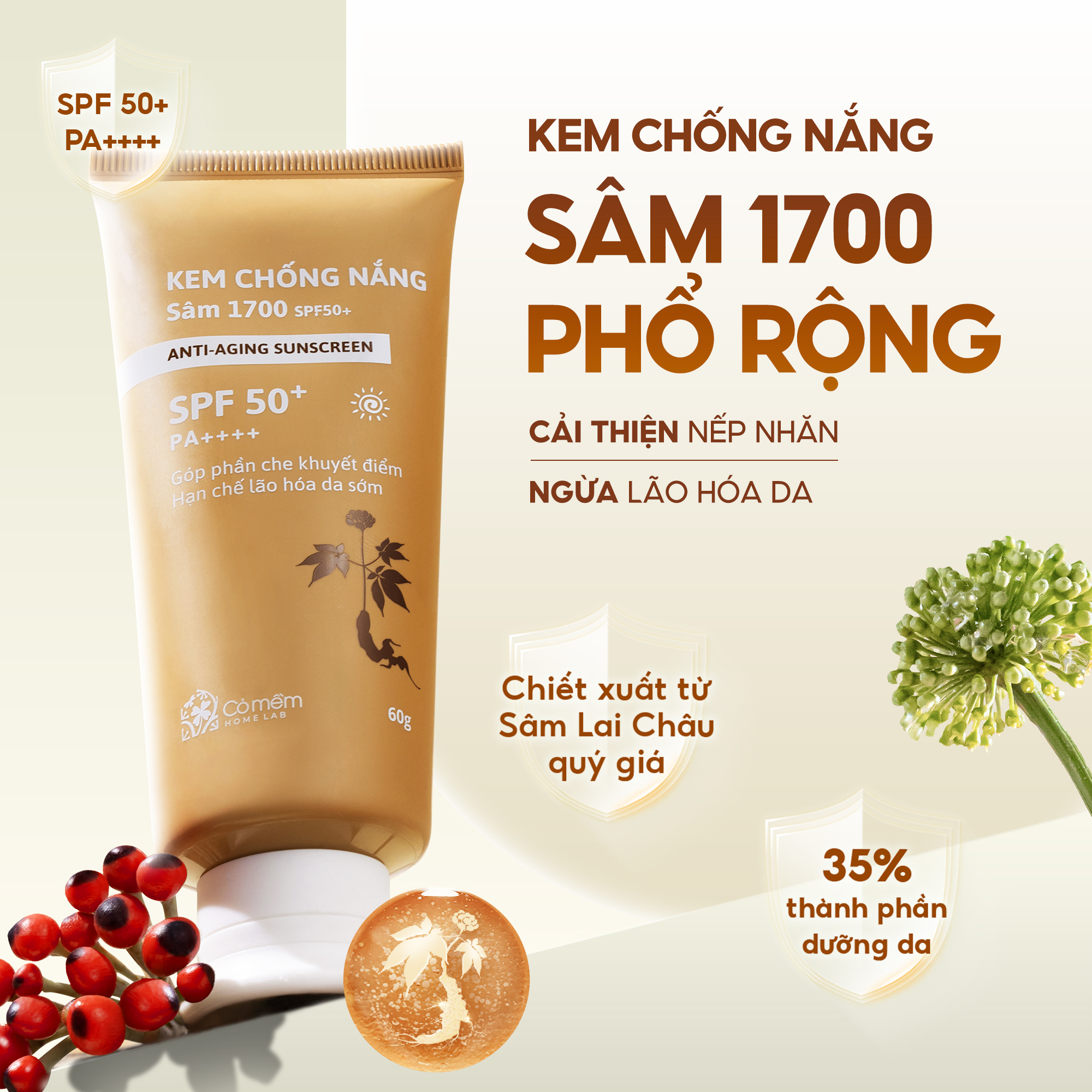 Mô tả Kem Chống Nắng Sâm 1700 SPF50 PA++++ Phổ Rộng Ngừa Lão Hoá Bảo Vệ Dưỡng Ẩm Da Cỏ Mềm 60g - 1