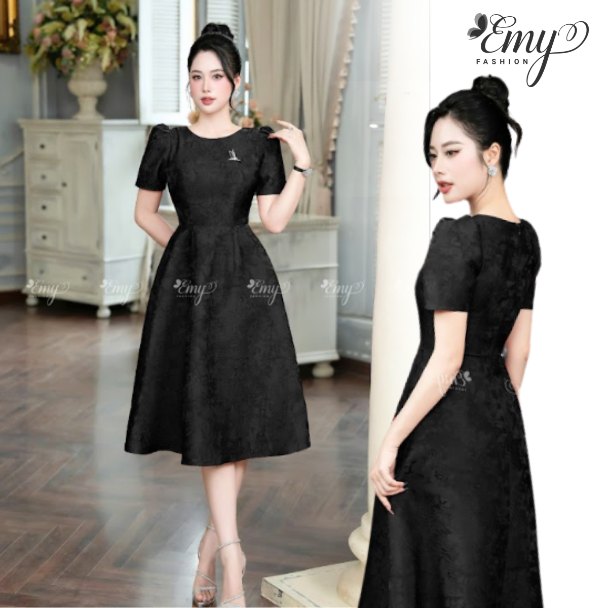 Mô tả Đầm Thiết Kế EMY Thời Trang Cao Cấp EM9573 Vải Gấm Taffta Vân Nổi Đen Sang Chảnh Đi Tiệc - 1