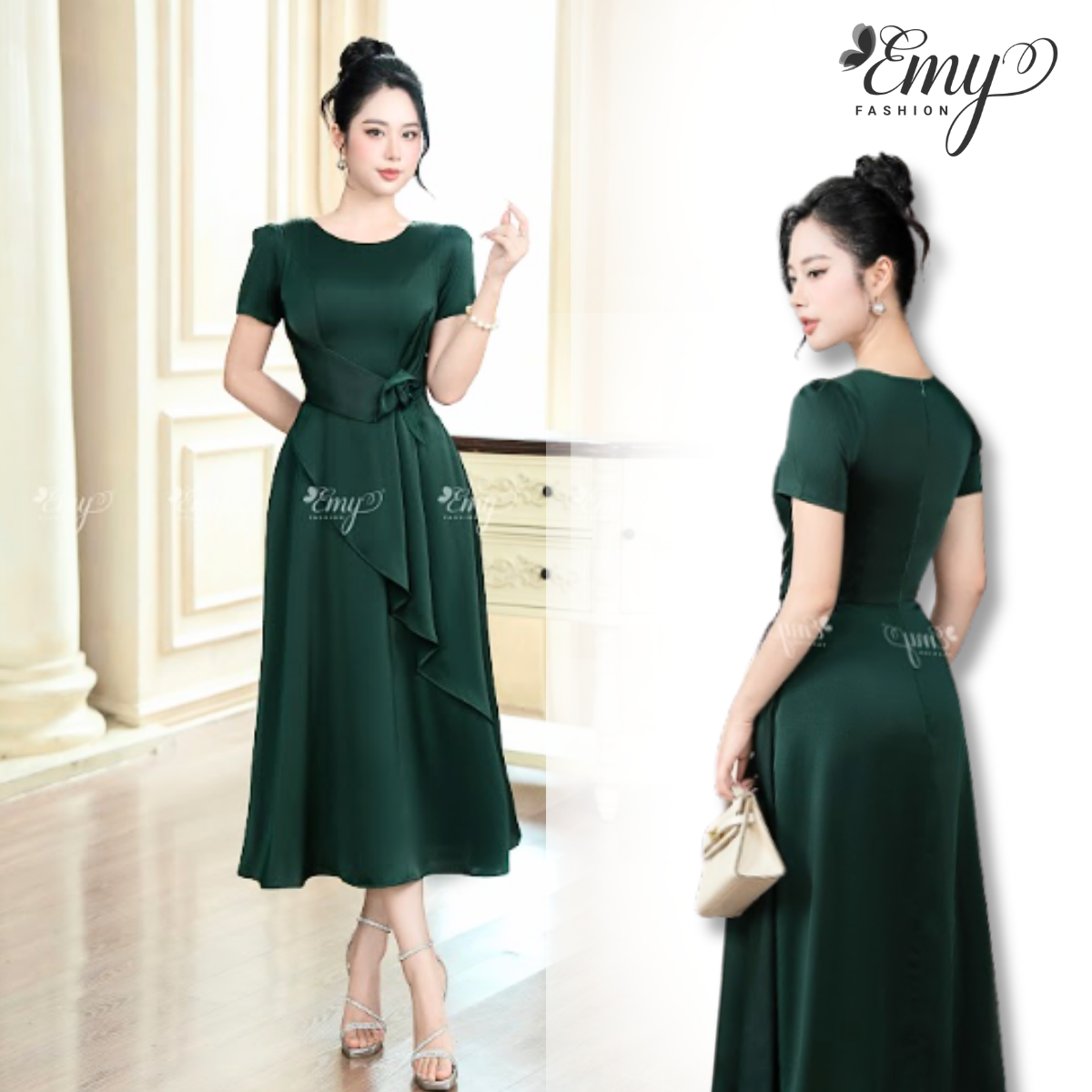 Mô tả Đầm Dự Tiệc EMY Thiết Kế Cao Cấp Trung Niên EM7520 Dáng Xoè Cổ Tròn Tay Ngắn Màu Đen Vải Mango Gân - 1