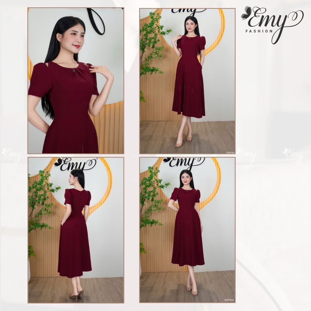 Mô tả Đầm Thiết Kế EMY Thời Trang Cao Cấp EM9464 Vải Karolan, Nền Đỏ Đô Sang Chảnh Đi Tiệc - 2