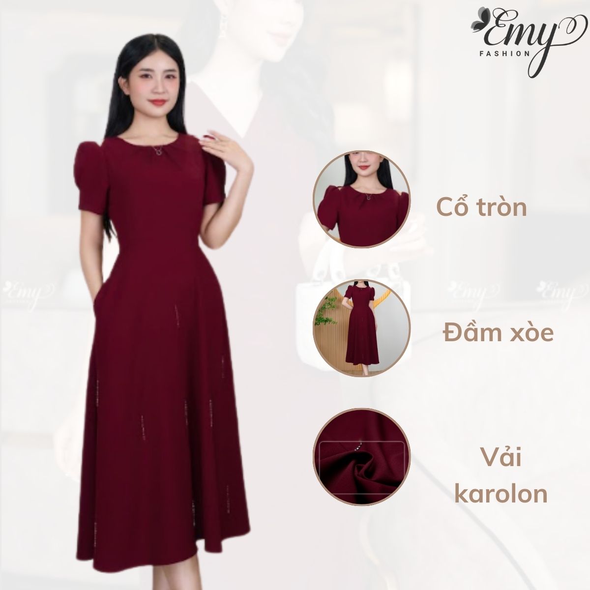 Mô tả Đầm Thiết Kế EMY Thời Trang Cao Cấp EM9464 Vải Karolan, Nền Đỏ Đô Sang Chảnh Đi Tiệc - 3