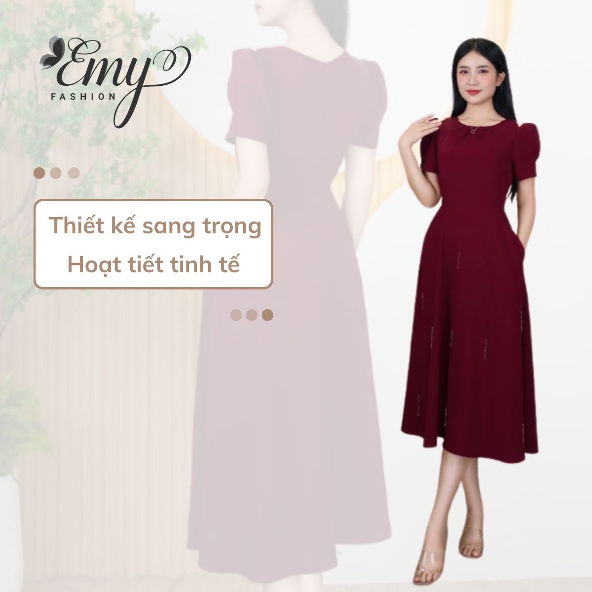 Mô tả Đầm Thiết Kế EMY Thời Trang Cao Cấp EM9464 Vải Karolan, Nền Đỏ Đô Sang Chảnh Đi Tiệc - 4