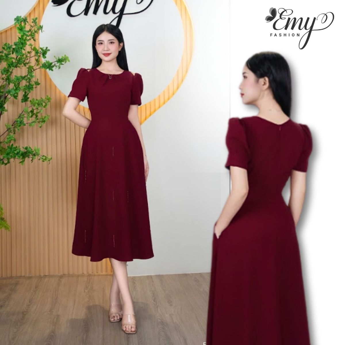 Mô tả Đầm Thiết Kế EMY Thời Trang Cao Cấp EM9464 Vải Karolan, Nền Đỏ Đô Sang Chảnh Đi Tiệc - 1