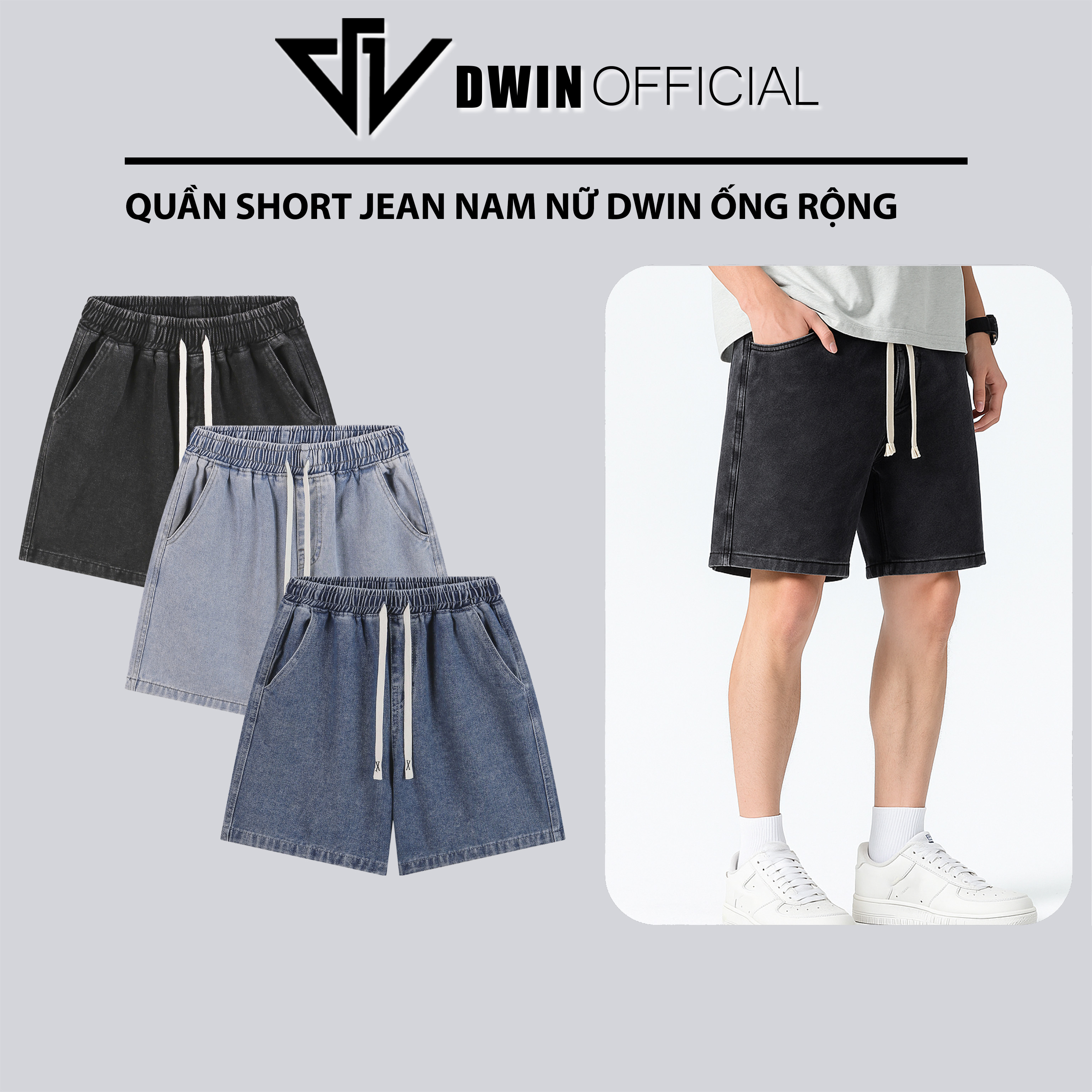 Mô tả Quần short jean cotton nam nữ DWIN đùi jean cotton wash form rộng basic unisex chống nhăn không xù - 2