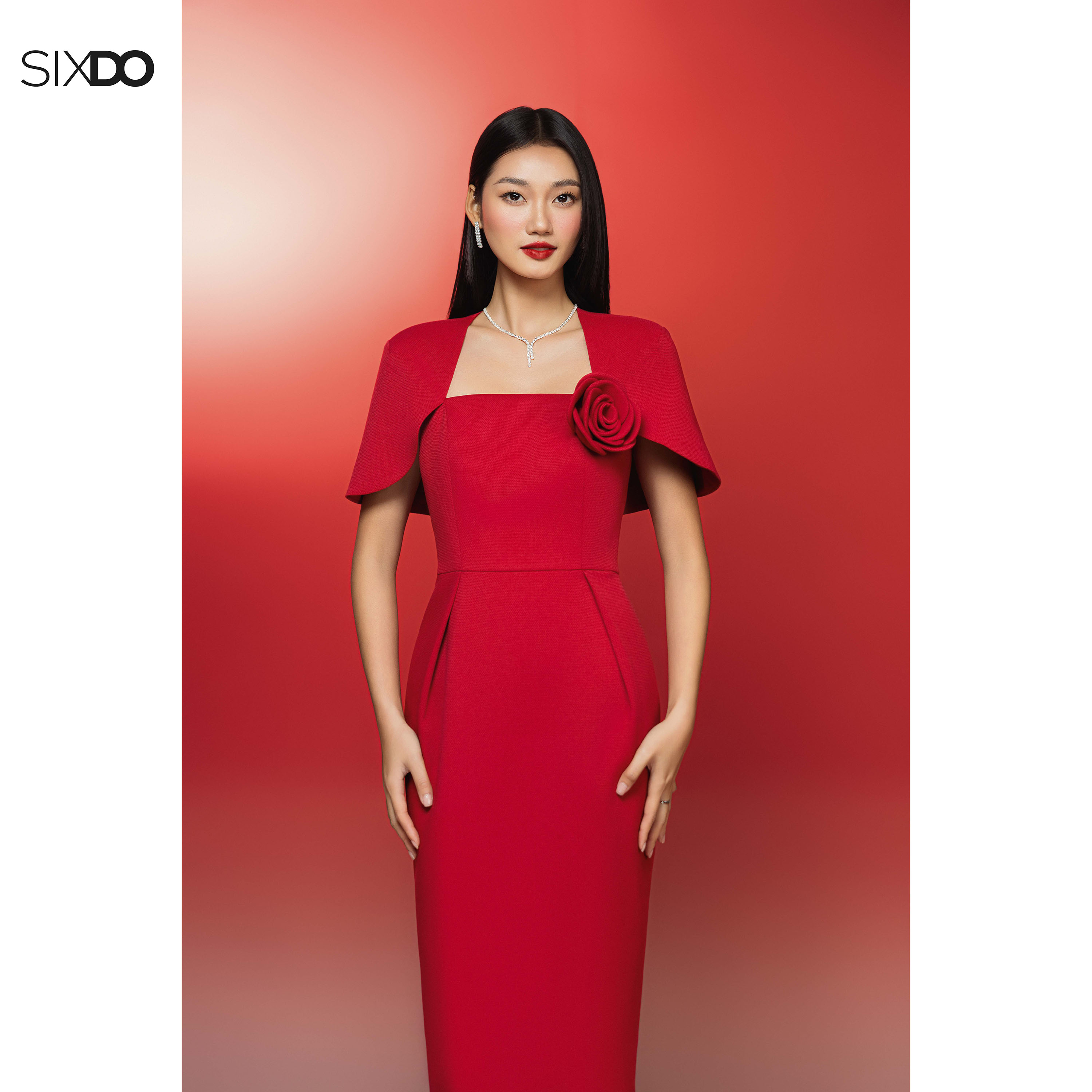 Mô tả Đầm đỏ bút chì phối hoá SIXDO (Red Raw Pencil Dress With Flower) - 1