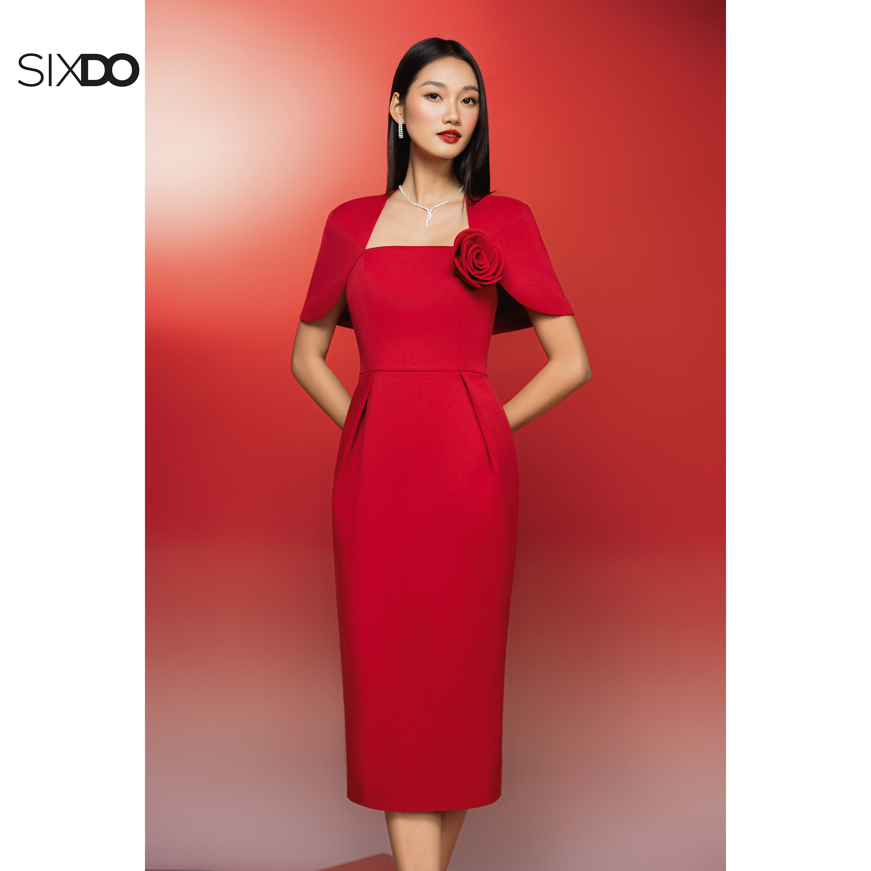 Mô tả Đầm đỏ bút chì phối hoá SIXDO (Red Raw Pencil Dress With Flower) - 2