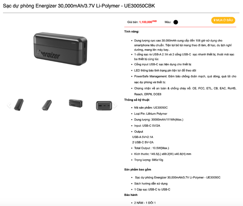 Mô tả Pin sạc dự phòng Energizer 30000mAh - sạc nhanh 22.5W, 3 cổng sạc ra tiện lợi bảo hành 2 năm - 2