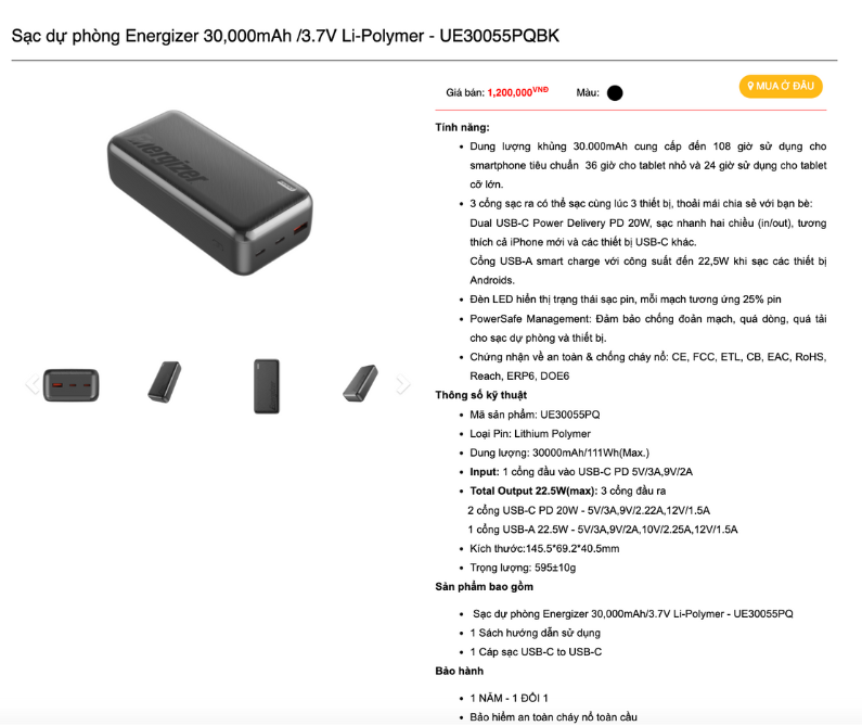 Mô tả Pin sạc dự phòng Energizer 30000mAh - sạc nhanh 22.5W, 3 cổng sạc ra tiện lợi bảo hành 2 năm - 3