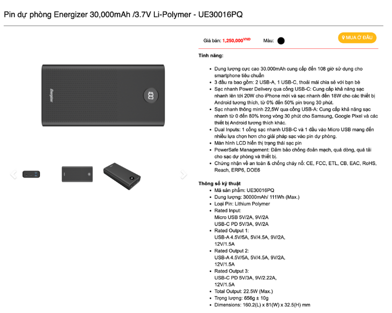 Mô tả Pin sạc dự phòng Energizer 30000mAh - sạc nhanh 22.5W, 3 cổng sạc ra tiện lợi bảo hành 2 năm - 1