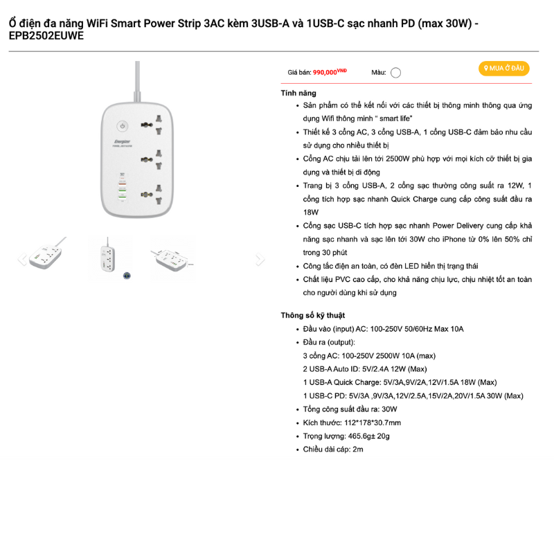 Mô tả Ổ điện thông minh đa năng AC kèm USB-A và USB-C sạc nhanh PD ( đến 65W) - Hàng chính hãng, bảo hành 1 năm - 3