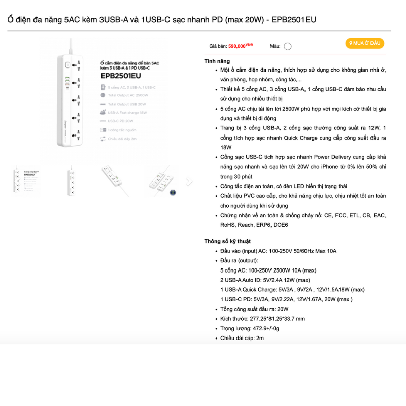 Mô tả Ổ điện thông minh đa năng AC kèm USB-A và USB-C sạc nhanh PD ( đến 65W) - Hàng chính hãng, bảo hành 1 năm - 4