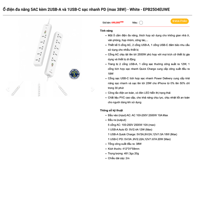 Mô tả Ổ điện thông minh đa năng AC kèm USB-A và USB-C sạc nhanh PD ( đến 65W) - Hàng chính hãng, bảo hành 1 năm - 5