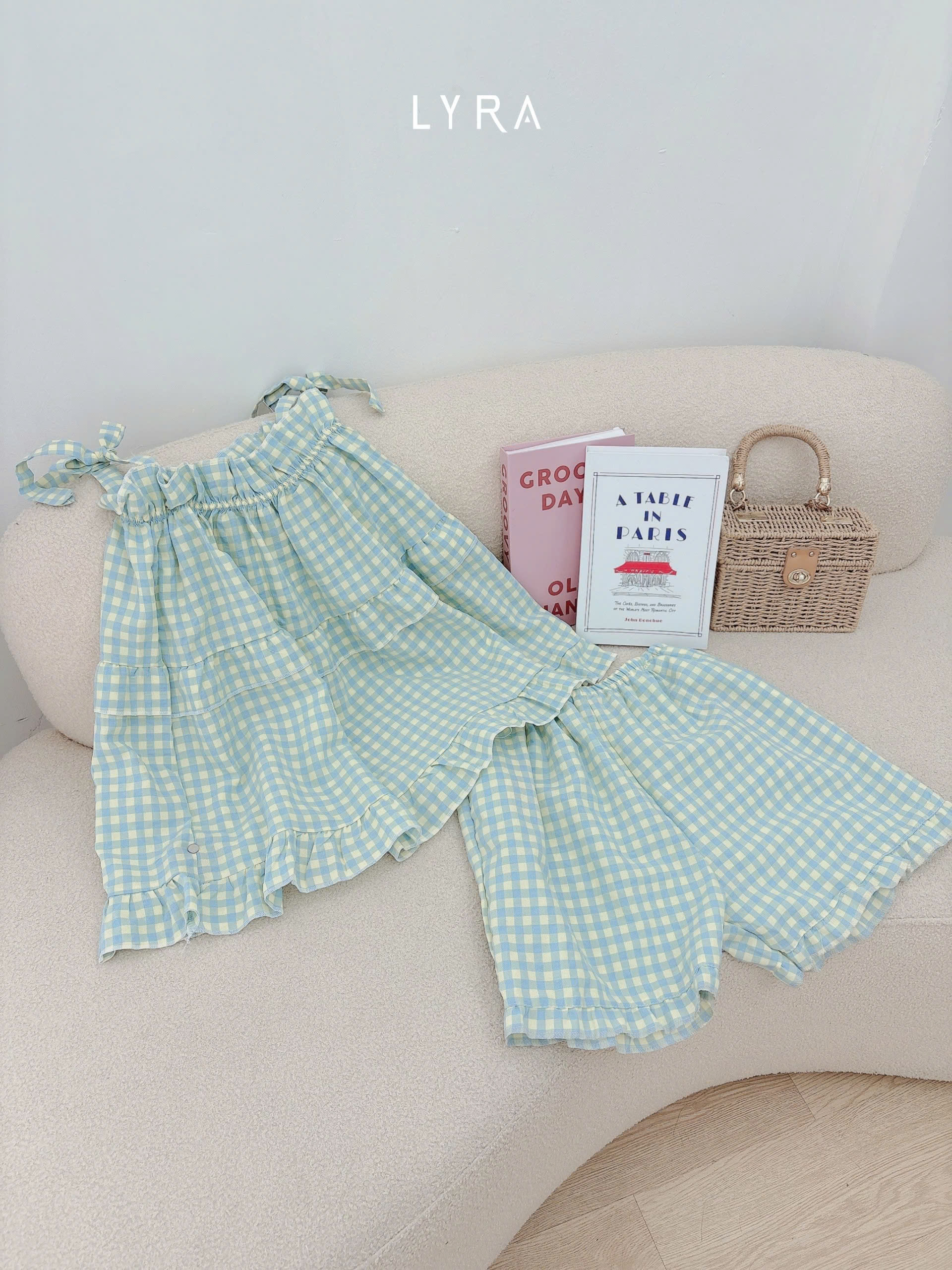 Mô tả LYRA - Bộ đồ ngủ hè 2 dây thắt nơ dáng babydoll, set đũi pijama họa tiết caro freesize thoải mái thoáng mát - LWNSE011 - 3