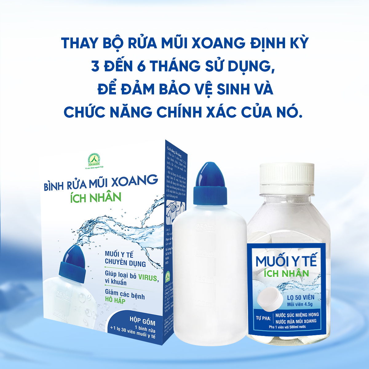 Mô tả Bộ bình vệ sinh mũi họng Ích Nhân - Bình và 1 lọ muối y tế 30 viên BBR - 6
