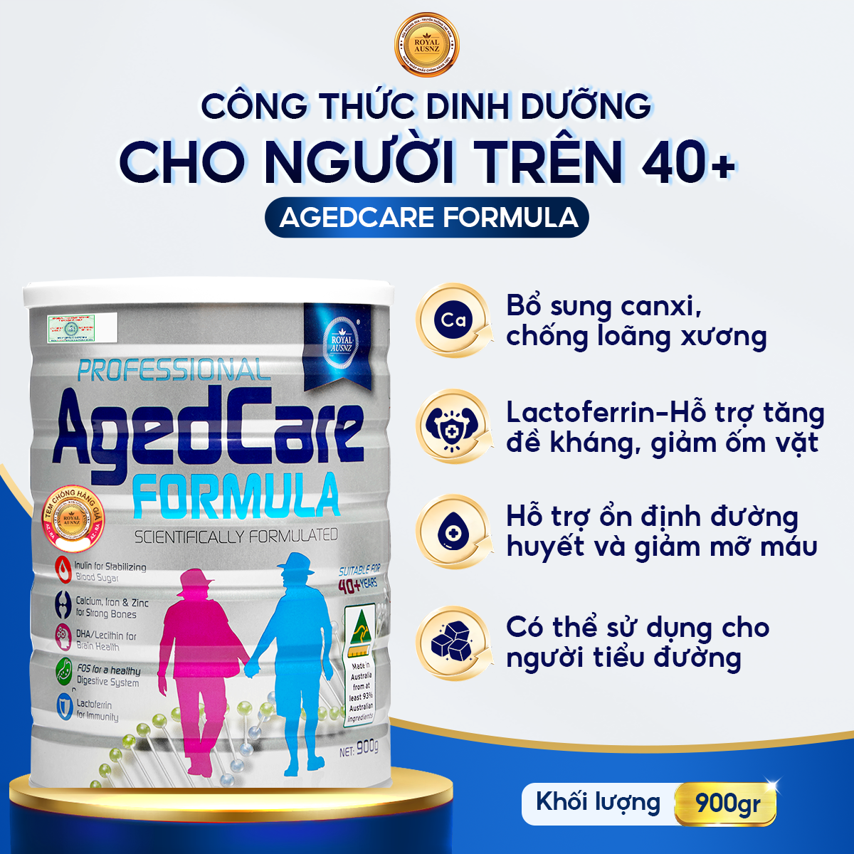 Mô tả Combo 2 Sữa Hoàng Gia Úc Royal Ausnz AGED CARE FORMULA Dành Cho Người Cho Người Trên 40 Tuổi Hộp 900g - 1