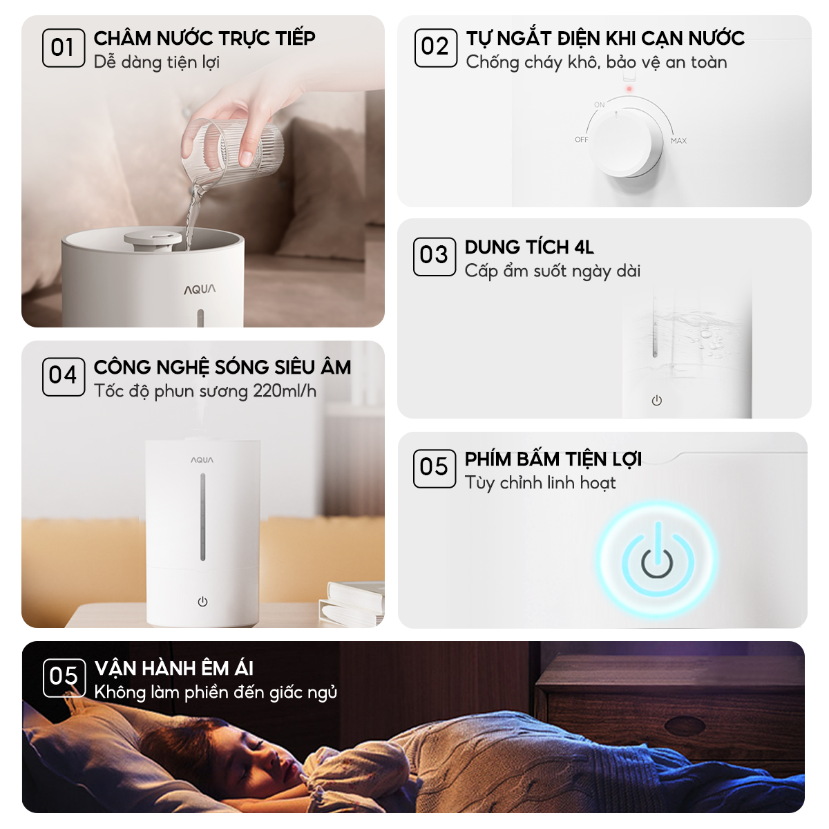 Mô tả Máy phun sương tạo ẩm AQUA HUS201T 4L, phun sương cấp ẩm, điều khiển cảm ứng đơn giản - 3