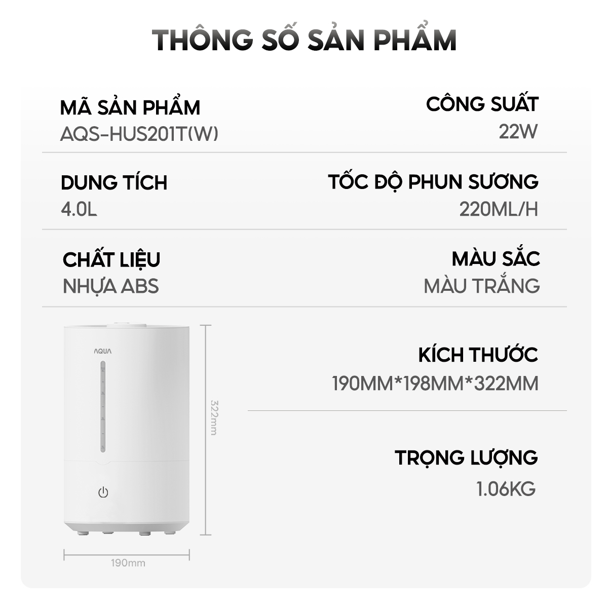Mô tả Máy phun sương tạo ẩm AQUA HUS201T 4L, phun sương cấp ẩm, điều khiển cảm ứng đơn giản - 10