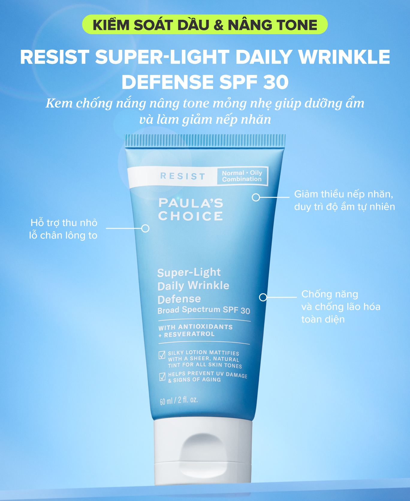 Mô tả Kem chống nắng đa năng Paula's Choice Resist Super-Light Daily Wrinkle Defense SPF 30 60ml - 7760 - 1