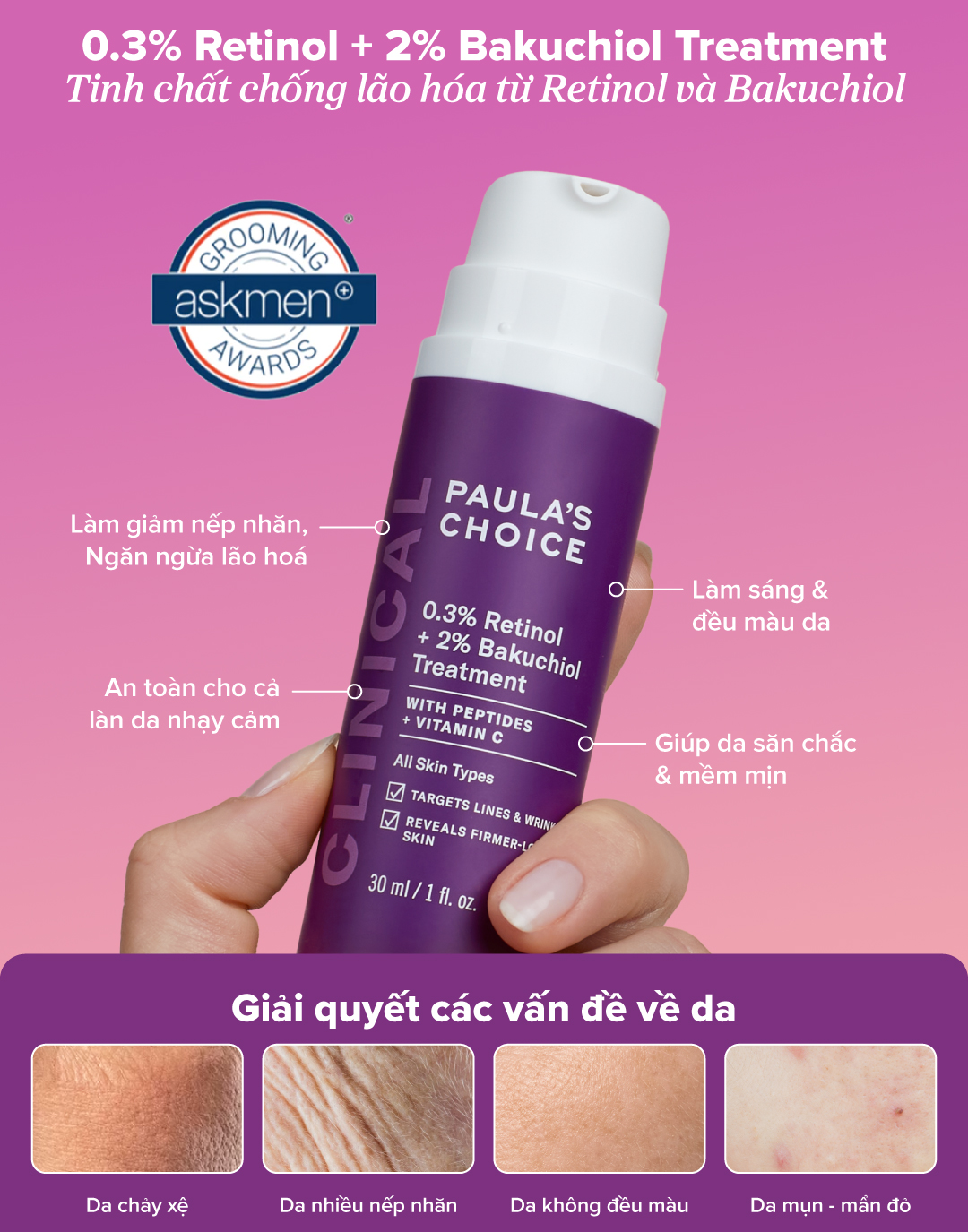 Mô tả Tinh chất chống lão hóa từ Retinol và Bakuchiol  Paula's Choice Clinical 0.3% Retinol + 2% Bakuchiol 30ml - 8015 - 1