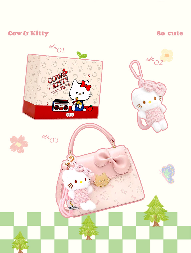 BORRY ROSA COW & KITTY Túi xách đeo chéo màu hồng túi giỏ màu hồng có ...