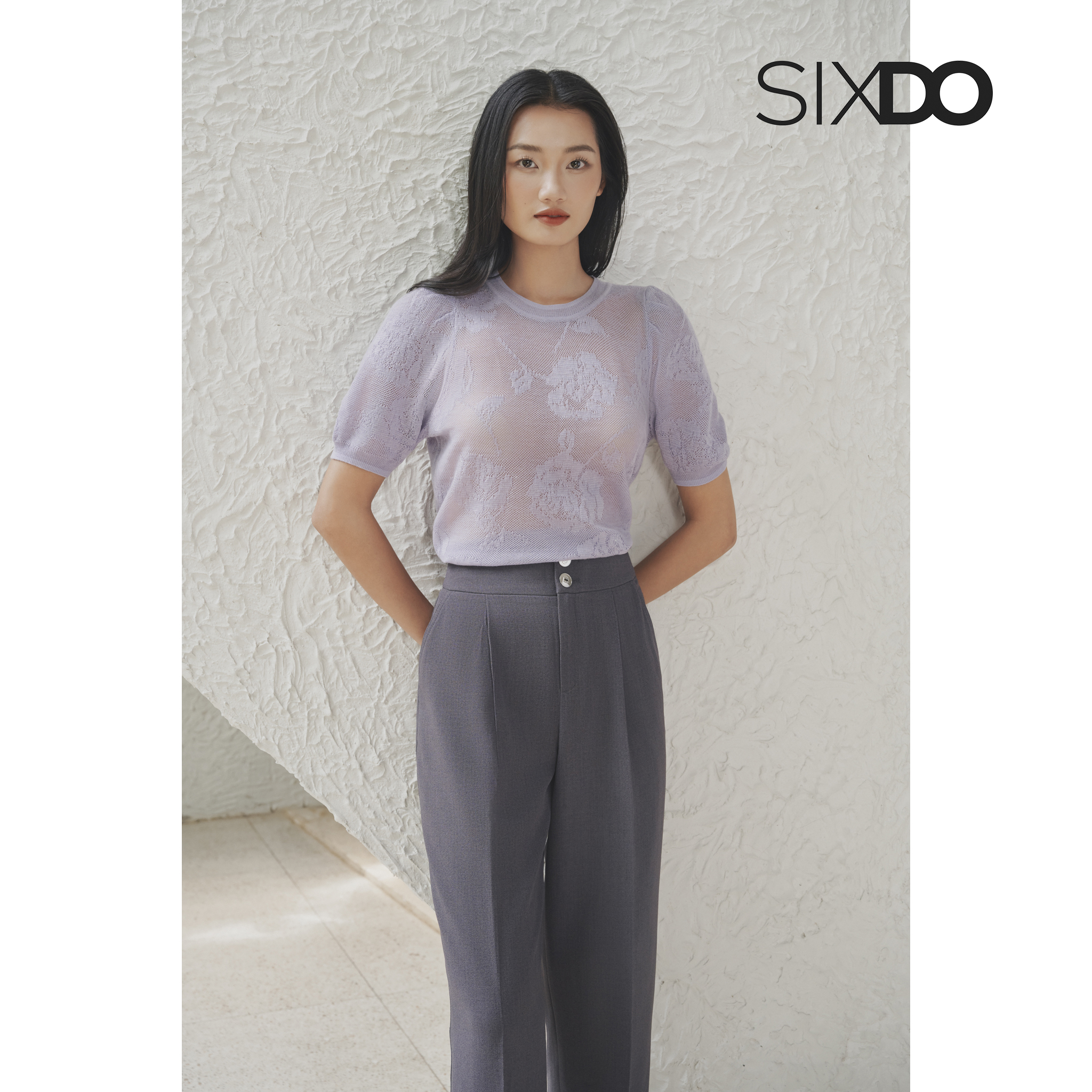 Mô tả Áo dệt kim họa tiết ngắn tay SIXDO (Dark Purple Knit Blouse) - 2