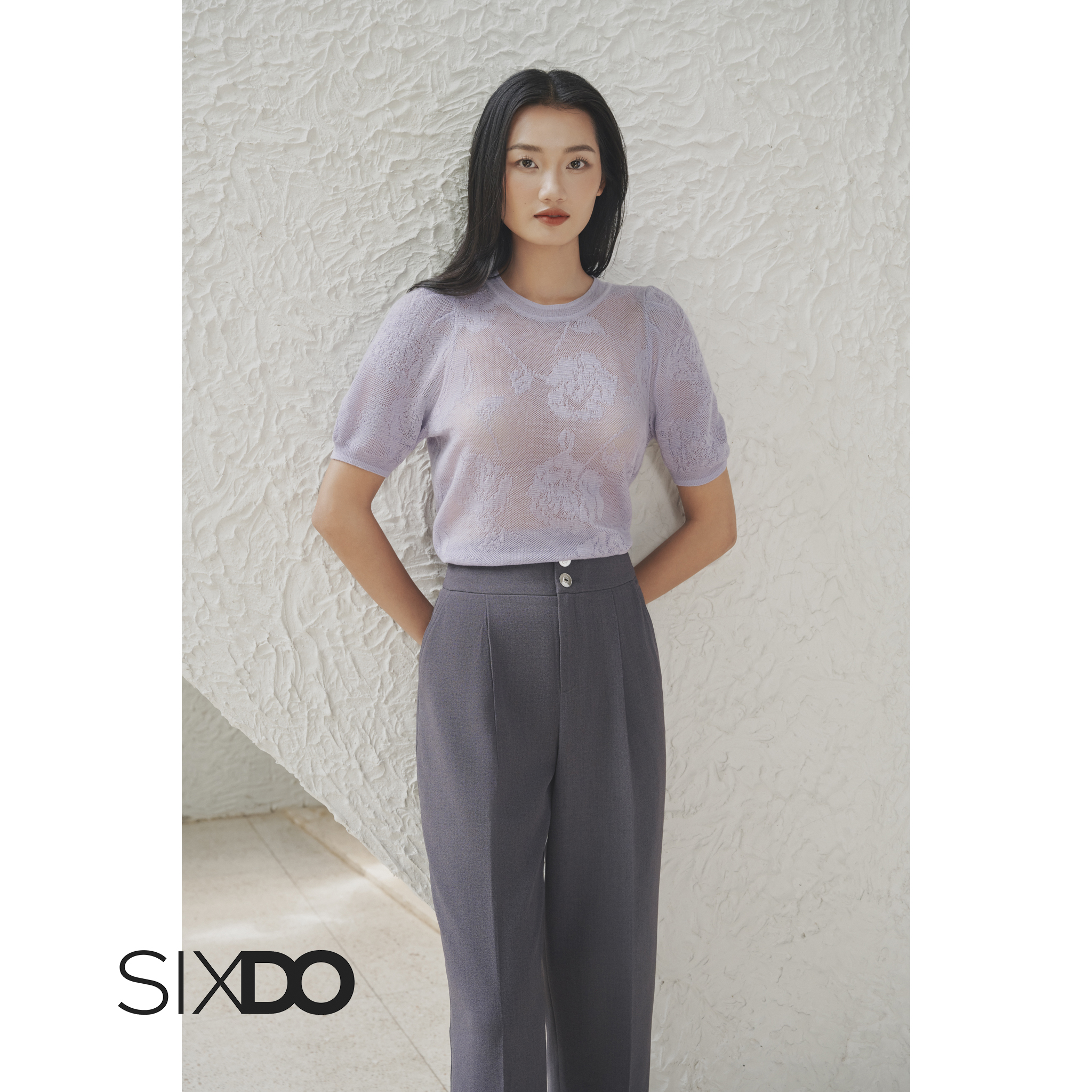 Mô tả Áo dệt kim họa tiết ngắn tay SIXDO (Dark Purple Knit Blouse) - 3