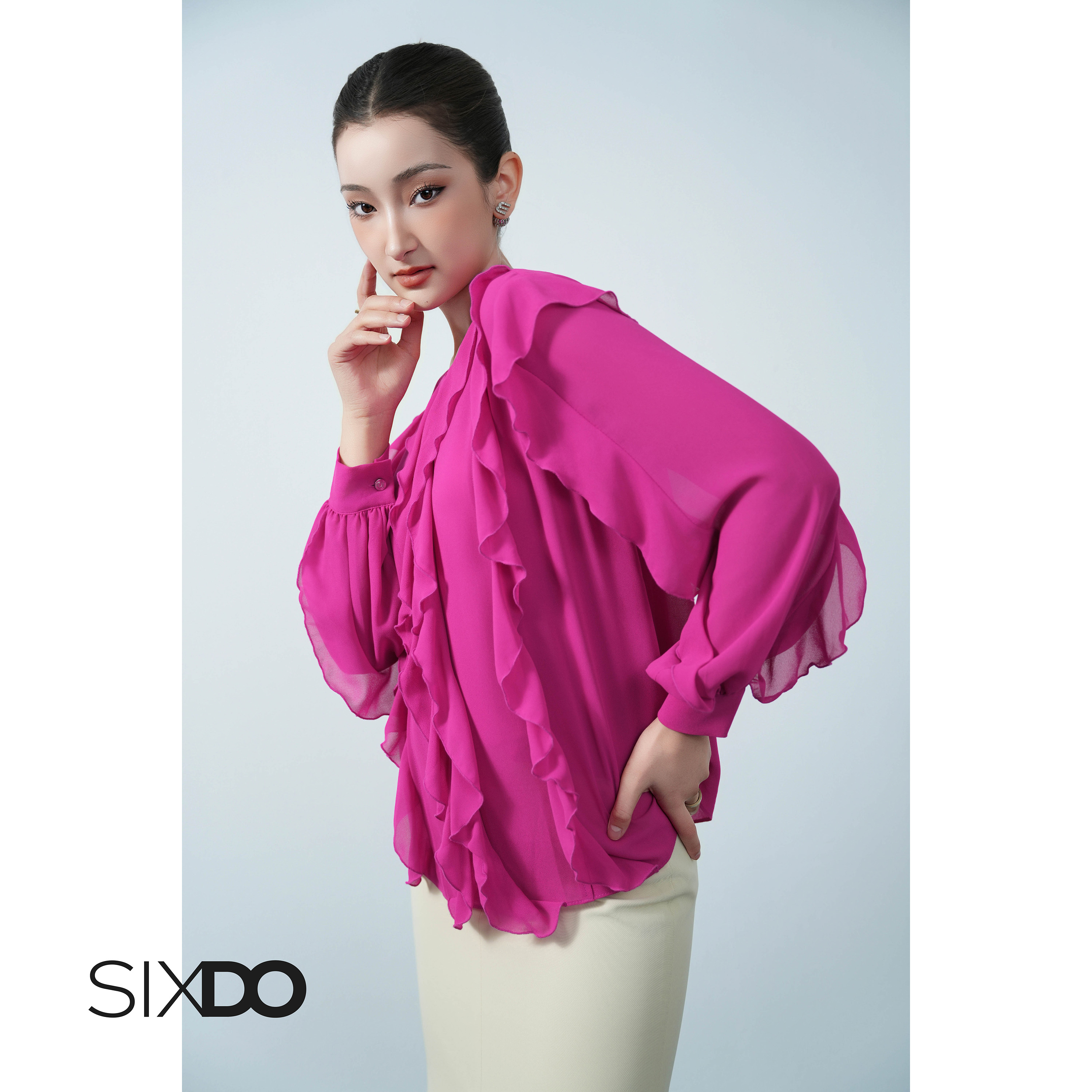 Mô tả Áo sơ mi voan phối bèo SIXDO (Dark Magenta Chiffon Blouse) - 1